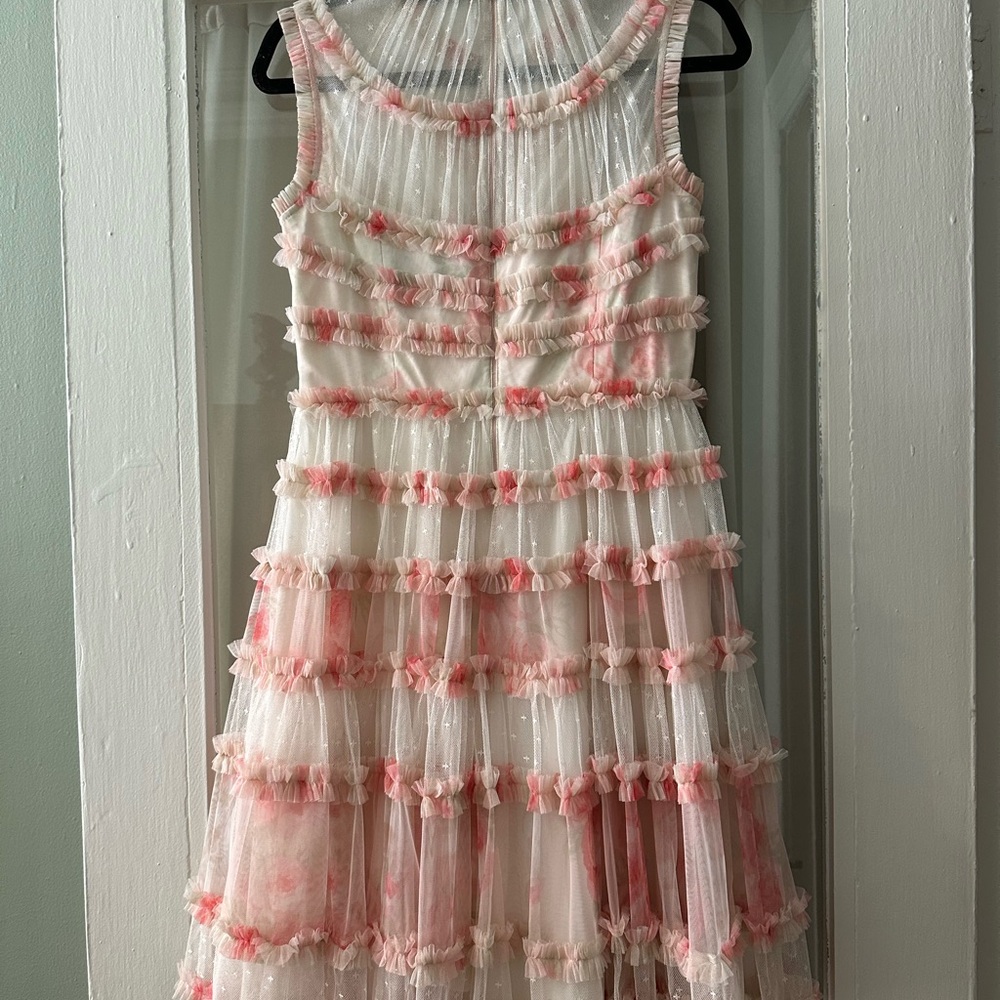 Needle & Thread Romantic White Pink Memory Rose Ruffled Dress US Size 8